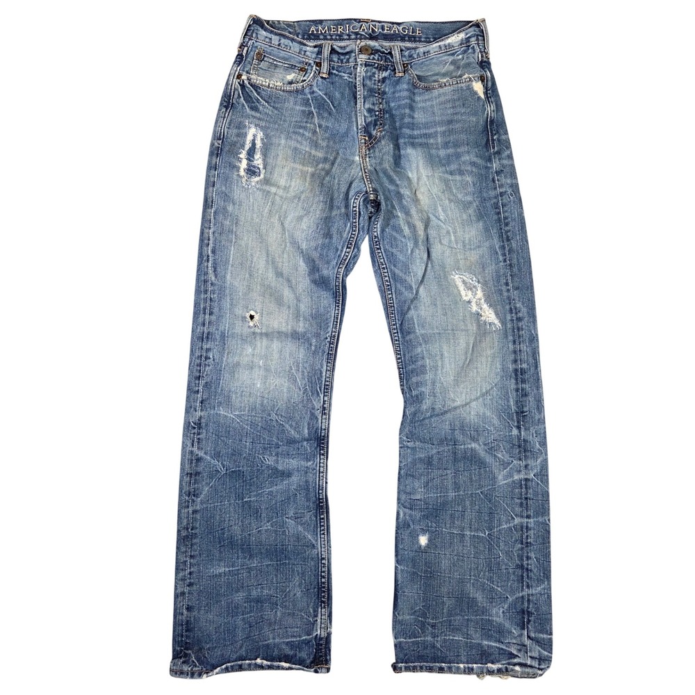 American Eagle Men 31x32 Distressed Button Fly Medium Wash Denim Jeans Y2k 2000s